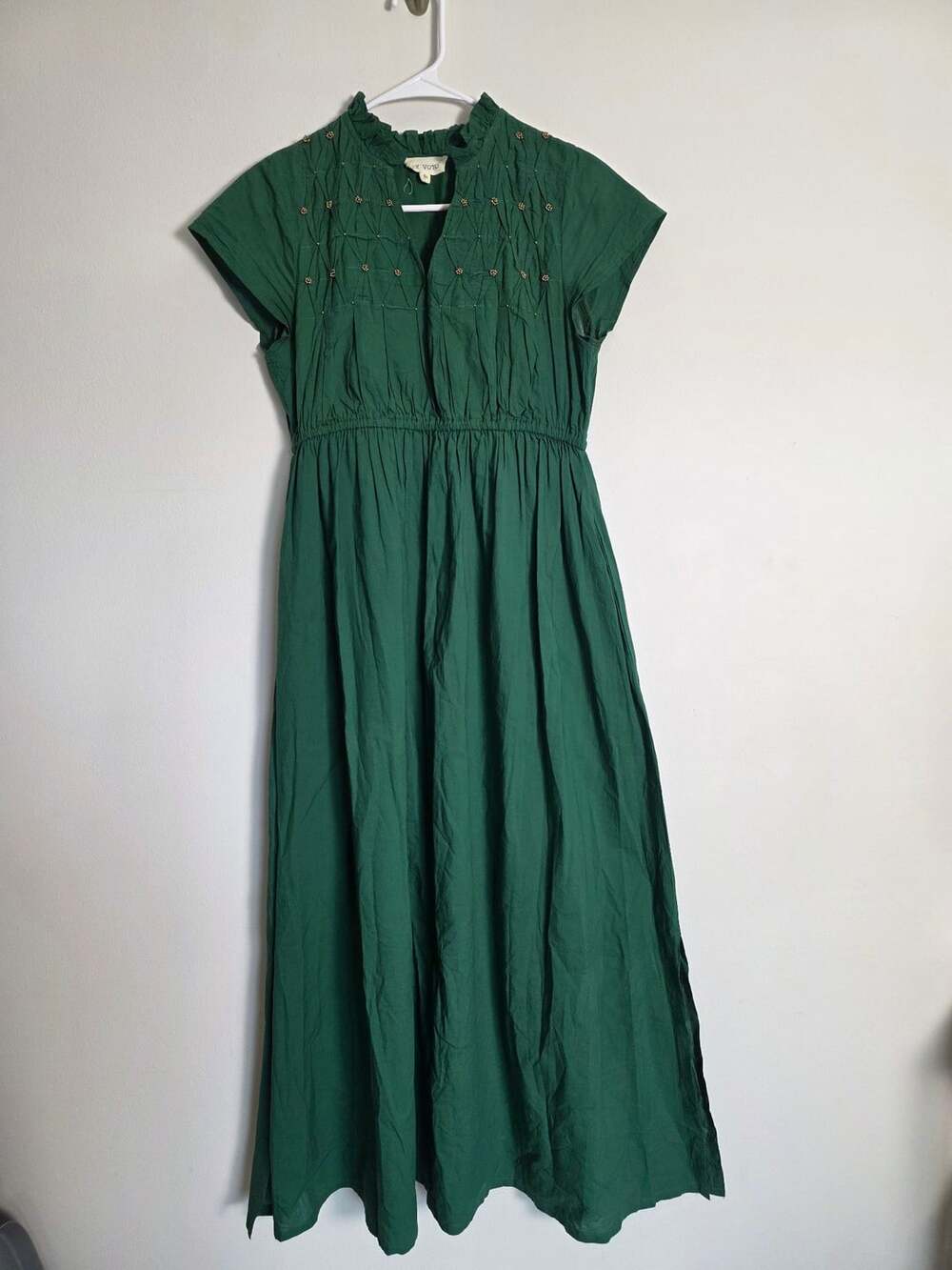 Ex Voto Green Cotton Dress Size XS Smocked Beaded Midi
